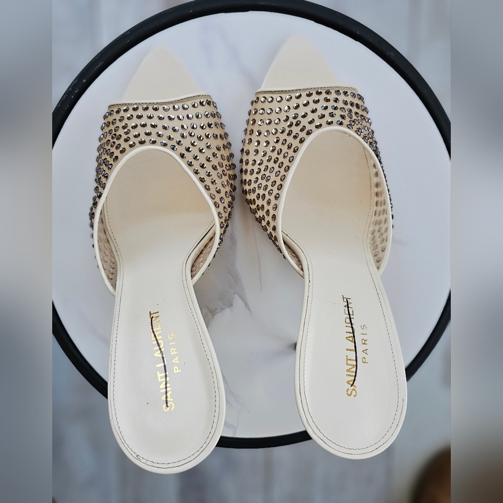 SAINT LAURENT Gippy Crystal Mesh Stiletto Mules Color Nude & Crystal 40 - Picture 12 of 16